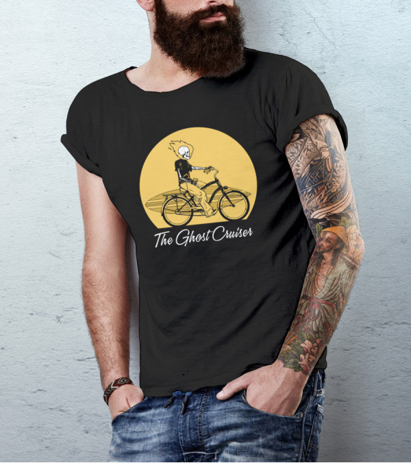 The Ghost Cruiser Skeleton Riding Bicycle With Surfboard In Yellow Moon Background T-Shirt
