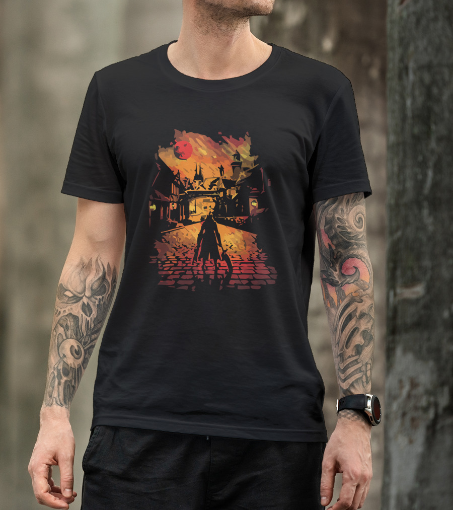 The Hunter In Gothic Cityscape With Blood Moon T-Shirt