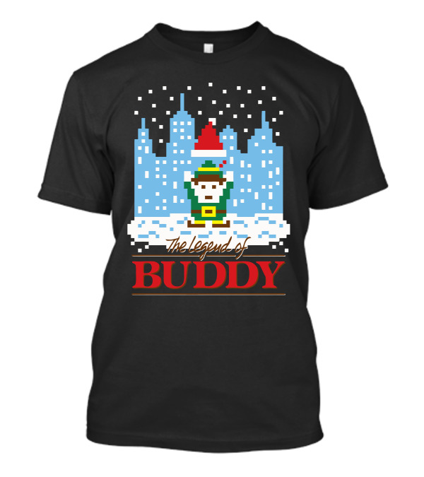 The Legend Of Buddy Pixel Elf Adventure In Snowy Cityscape T-Shirt