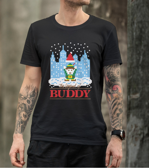 The Legend Of Buddy Pixel Elf Adventure In Snowy Cityscape T-Shirt