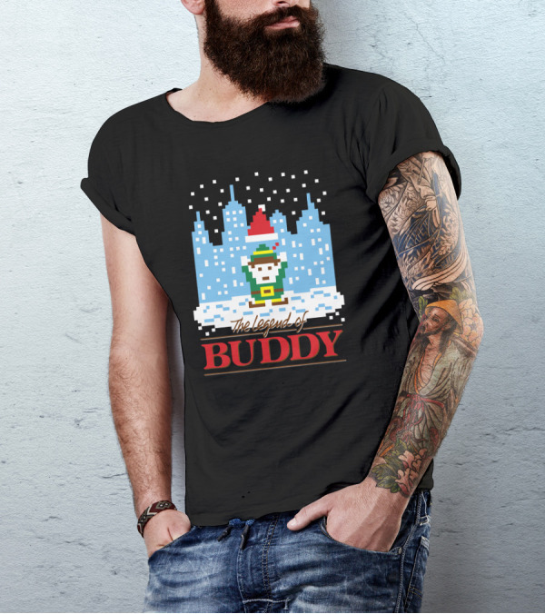 The Legend Of Buddy Pixel Elf Adventure In Snowy Cityscape T-Shirt
