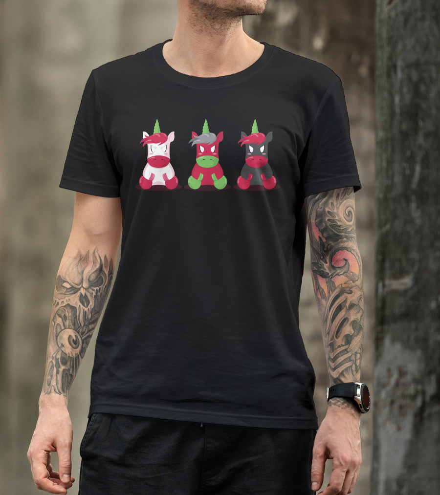Three Cute But Angry Unicorn Trio With Colorful Horns And Expressions T-Shirt