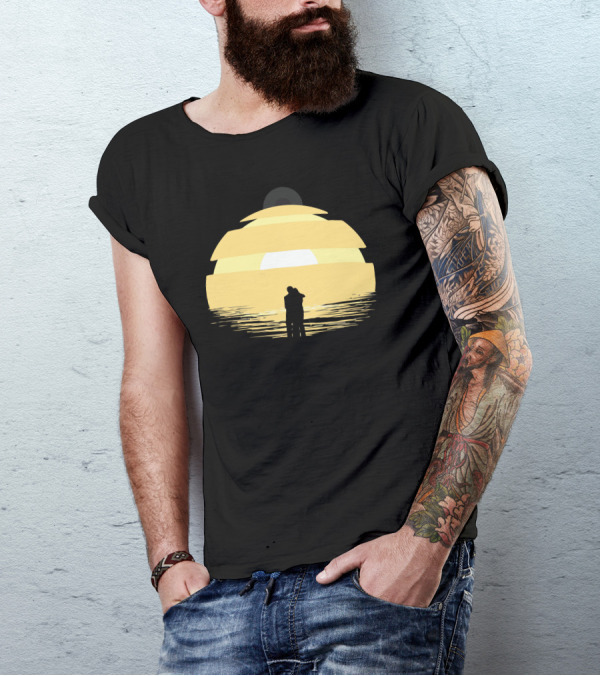 Two Rogues Embracing At Sunset Over Ocean Horizon T-Shirt