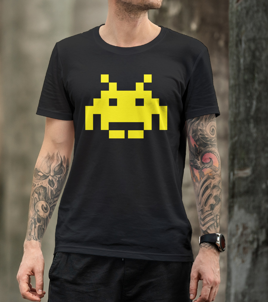 Uomo 4 Space Invaders Anni80 Vintage Videogames Iconic Yellow Alien Pixel T-Shirt