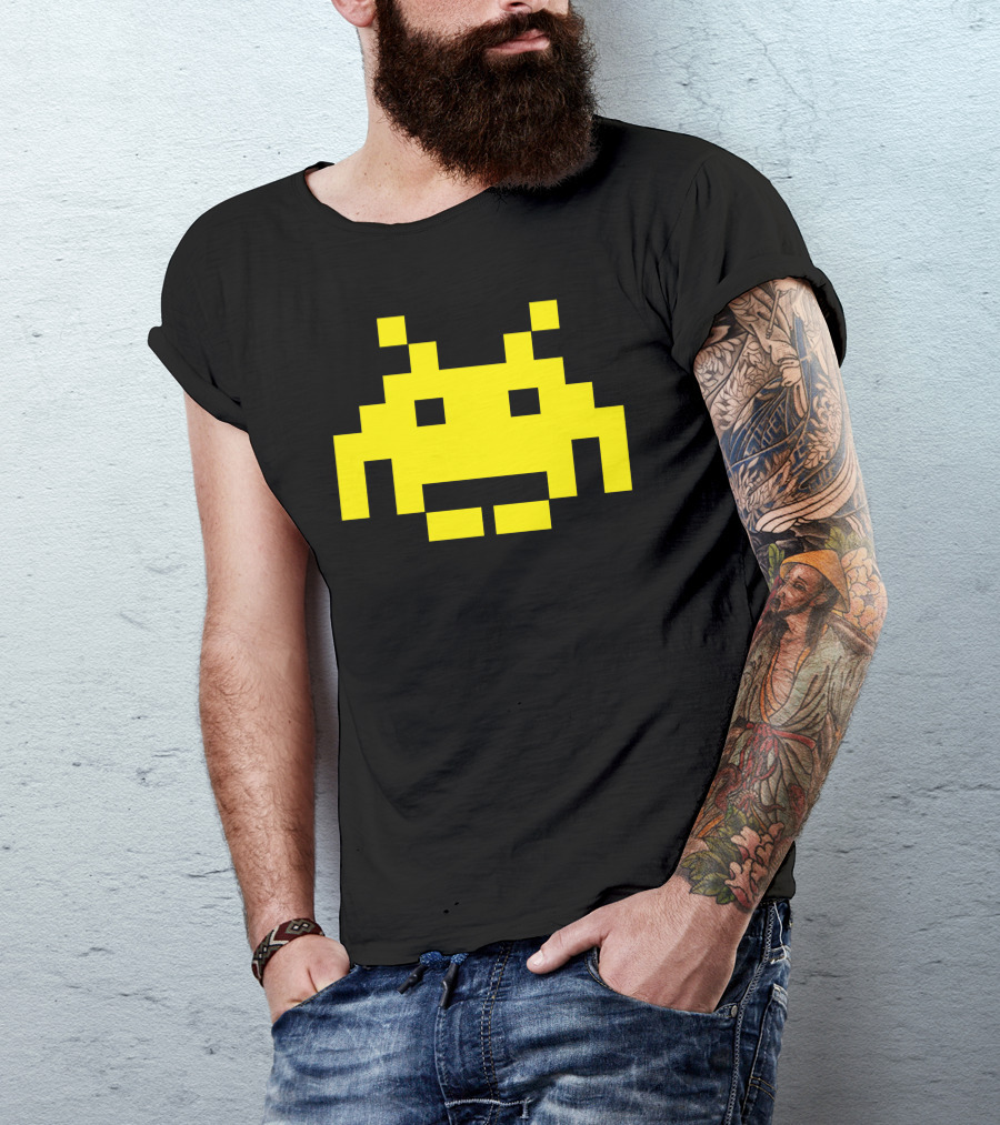 Uomo 4 Space Invaders Anni80 Vintage Videogames Iconic Yellow Alien Pixel T-Shirt