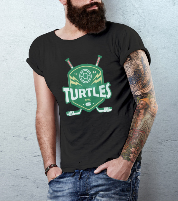 Turtles Hockey 1984 NYC Shield With Sticks And Puck T-Shirt