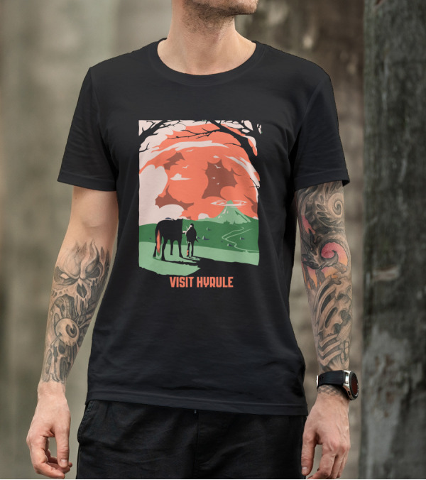 Visit Hyrule Silhouette With Horse And Traveler In Fantasy Landscape T-Shirt