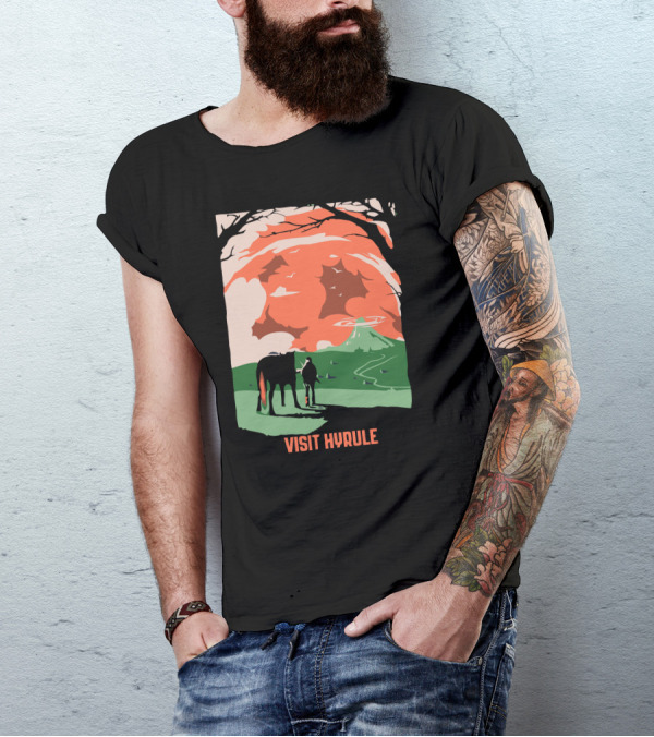 Visit Hyrule Silhouette With Horse And Traveler In Fantasy Landscape T-Shirt