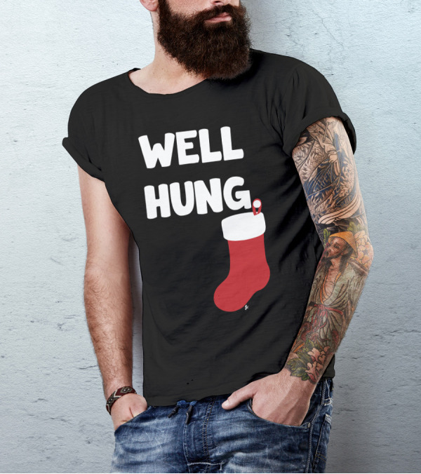 Well Hung Endowed Christmas Stocking Santa Joke T-Shirt