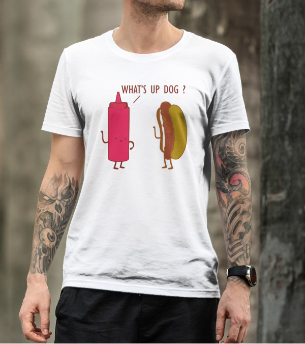What's Up Dog Ketchup Bottle And Hot Dog Playful Interaction T-Shirt