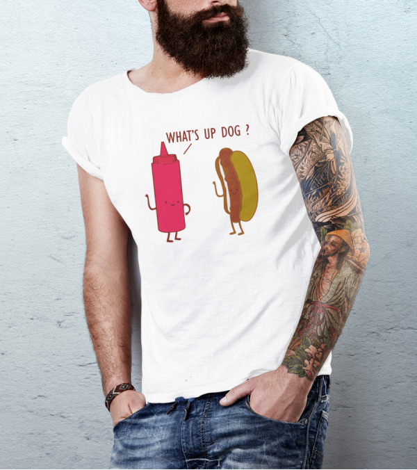 What's Up Dog Ketchup Bottle And Hot Dog Playful Interaction T-Shirt