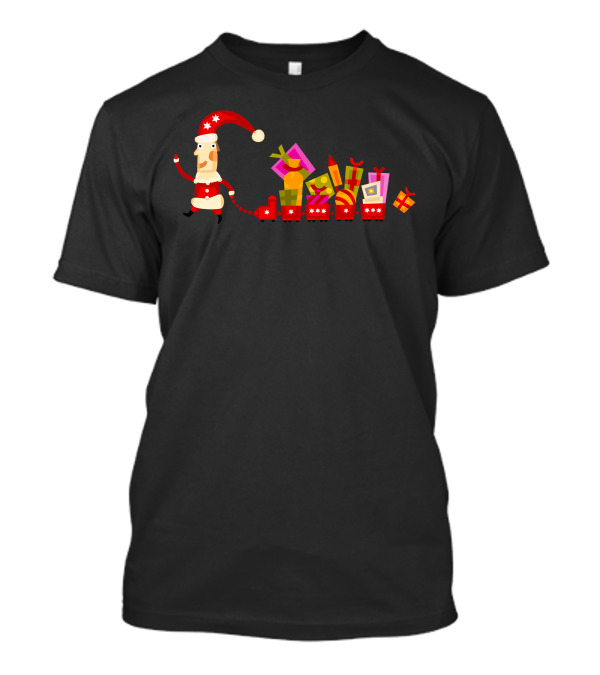 Santa Claus Pulling Gifts On A Sleigh With Red Hat And Present Boxes T-Shirt