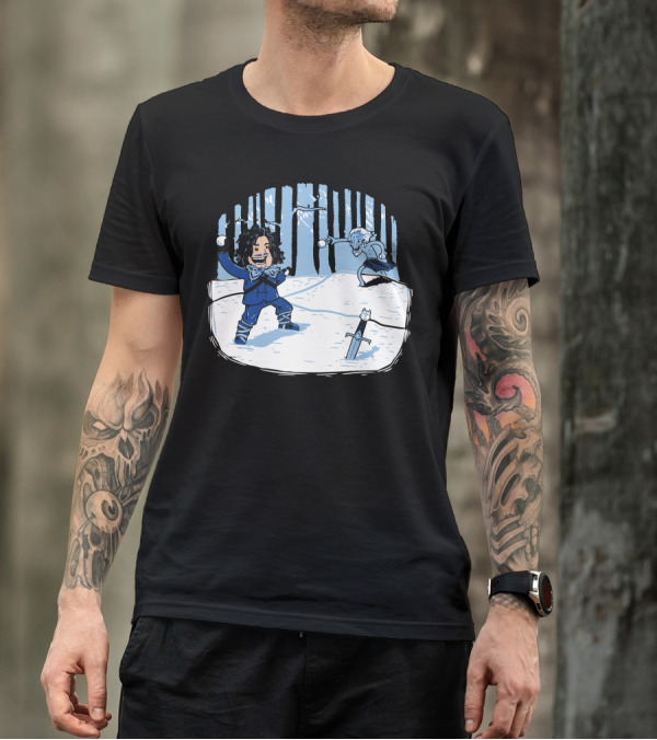 Jon Snowball Winter Battle With Sword And Creature In Snowy Forest T-Shirt