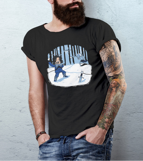 Jon Snowball Winter Battle With Sword And Creature In Snowy Forest T-Shirt