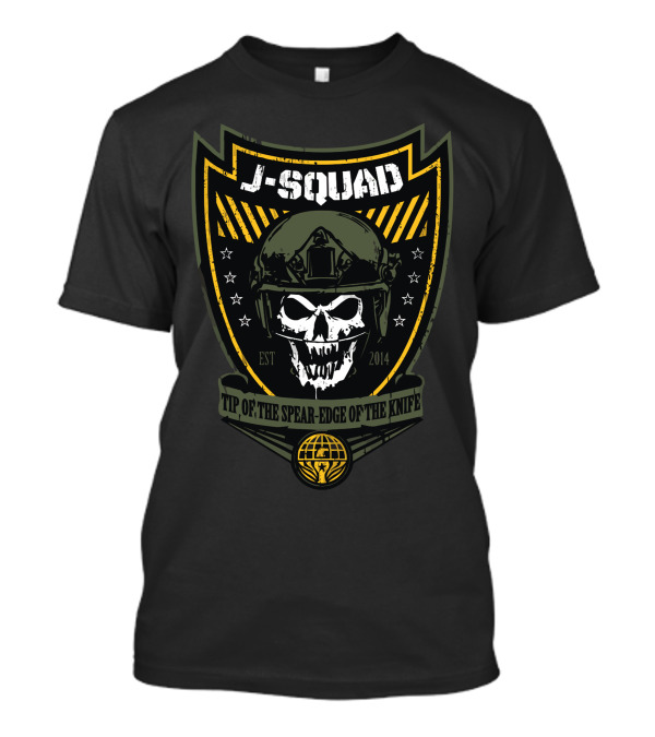 J Squad Tip Of The Spear Edge Of The Knife Skull Helmet Badge Est 2014 T-Shirt