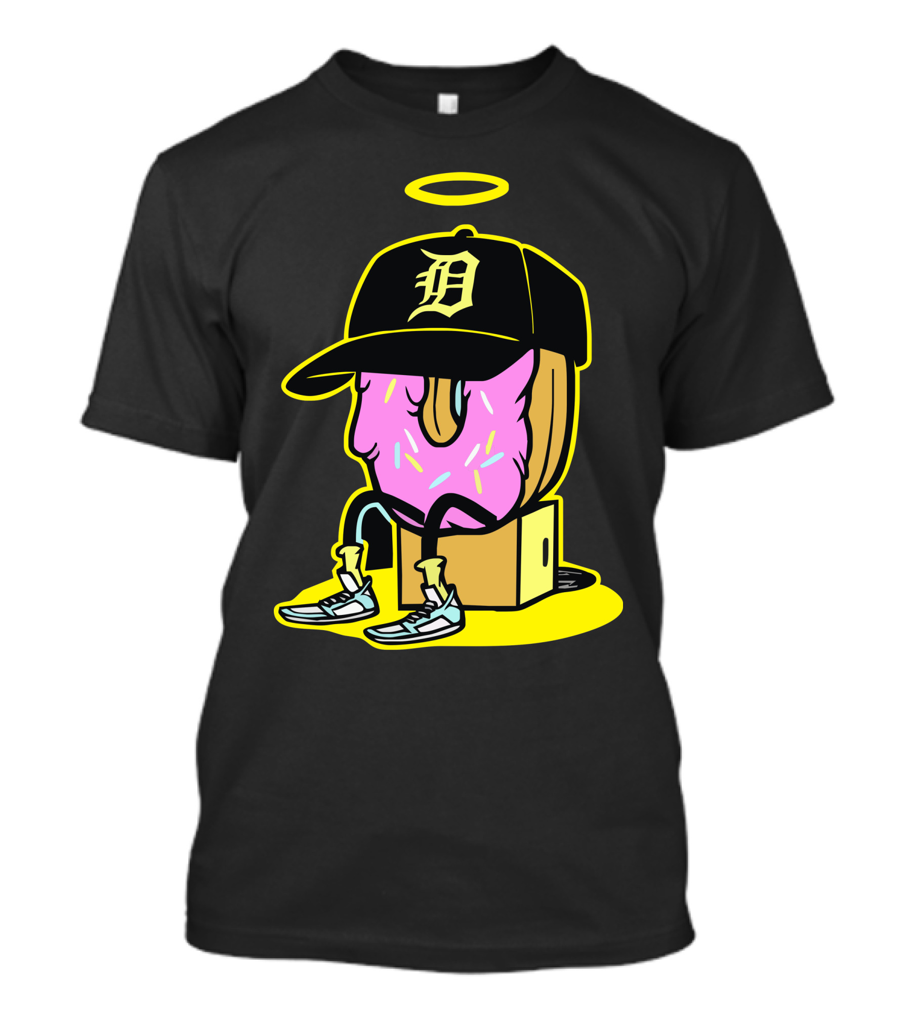 J Dilla Donut Wearing Detroit Hat Halo Sneakers Box Iconic T-Shirt