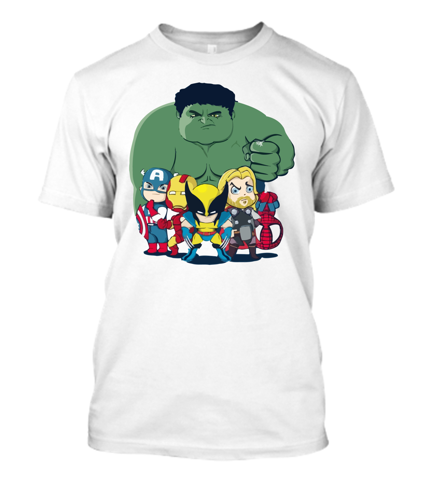Kawaii Heroes Marvel Superheroes Group Captain America Iron Man Wolverine Thor Hulk Spider-Man T-Shirt