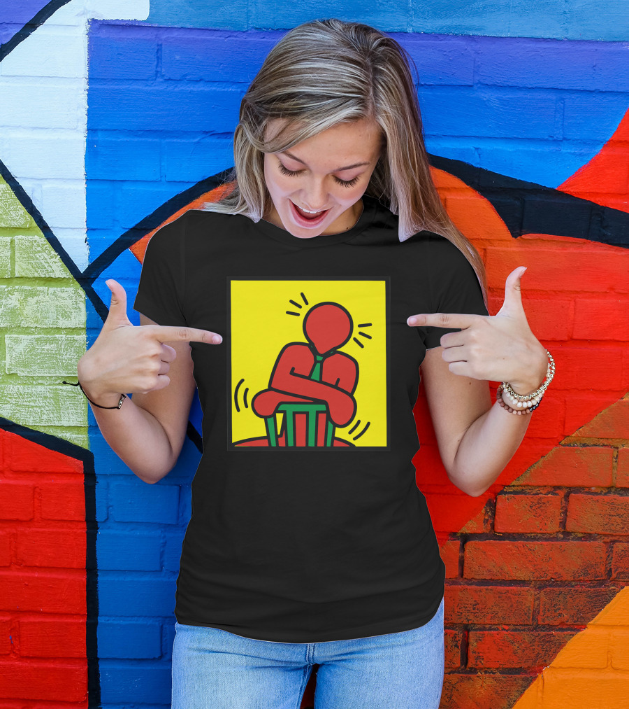 Keith Haring Figure Leaning On Chair Vibrant Yellow Background T-Shirt