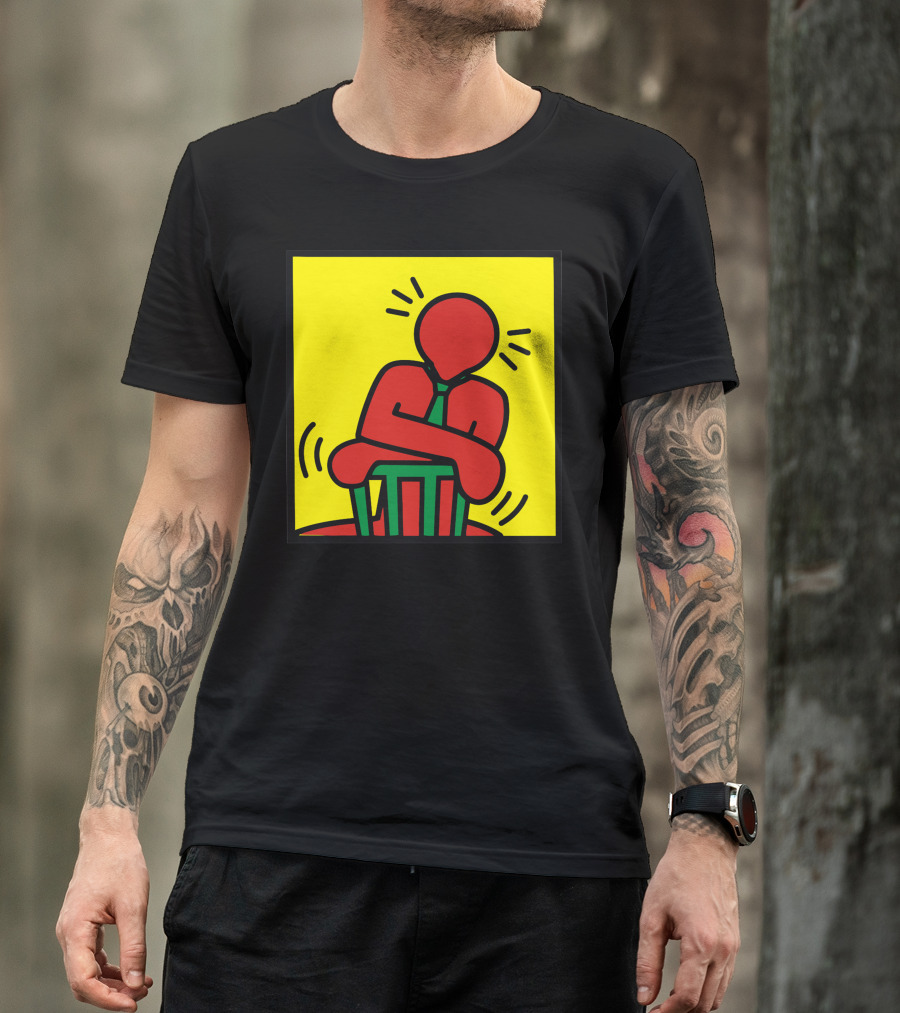 Keith Haring Figure Leaning On Chair Vibrant Yellow Background T-Shirt