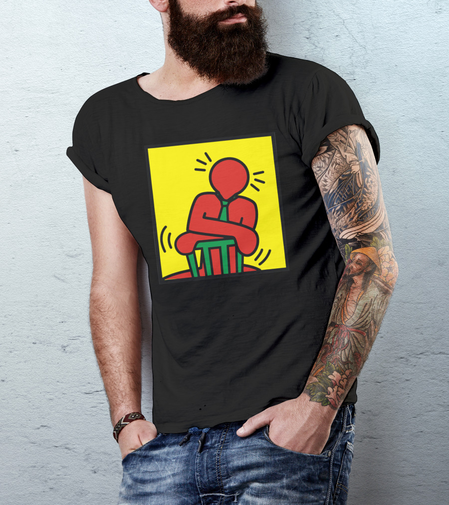 Keith Haring Figure Leaning On Chair Vibrant Yellow Background T-Shirt