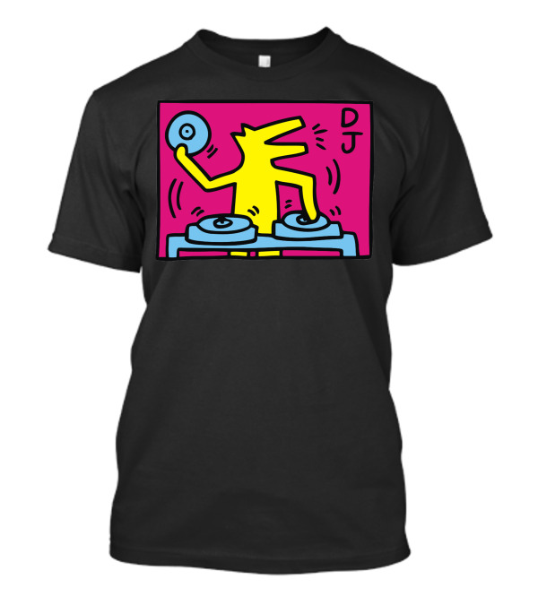 DJ Keith Haring 05 Vibrant Artwork With Yellow Character Spinning Records T-Shirt