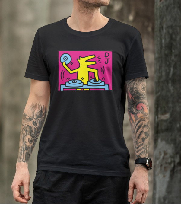 DJ Keith Haring 05 Vibrant Artwork With Yellow Character Spinning Records T-Shirt