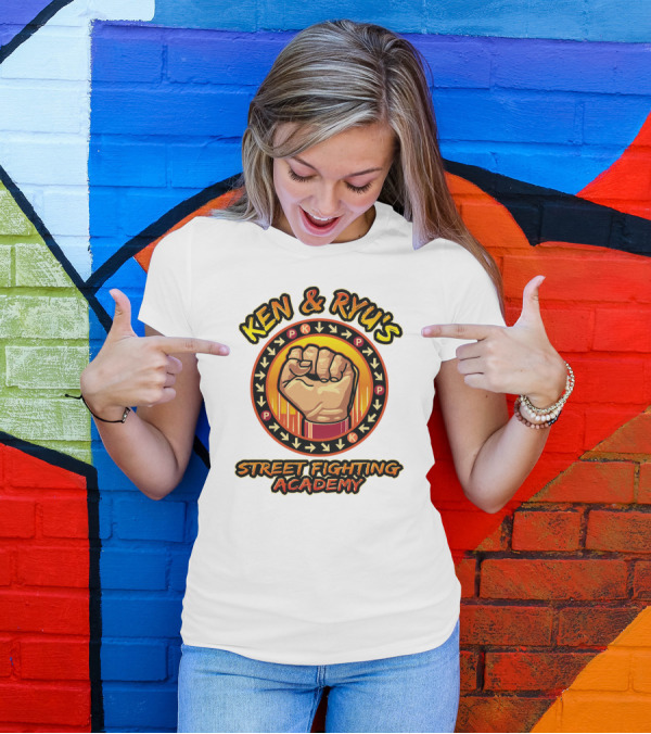 Ken And Ryu's Street Fighting Academy Fist Symbol With Moves Arrows T-Shirt