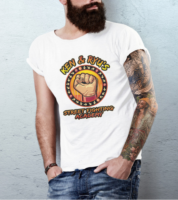 Ken And Ryu's Street Fighting Academy Fist Symbol With Moves Arrows T-Shirt