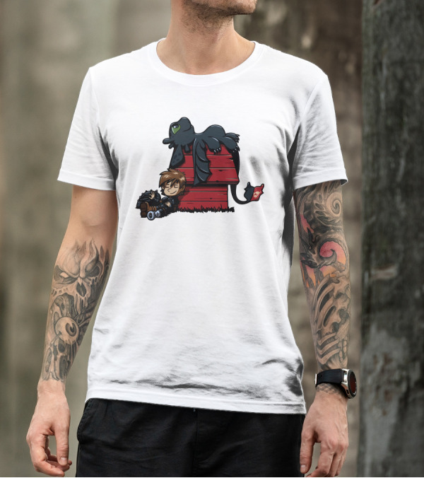 Krokmou Peanuts Hiccup Toothless Snoopy Doghouse Crossover T-Shirt