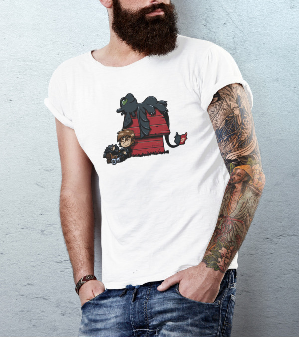 Krokmou Peanuts Hiccup Toothless Snoopy Doghouse Crossover T-Shirt