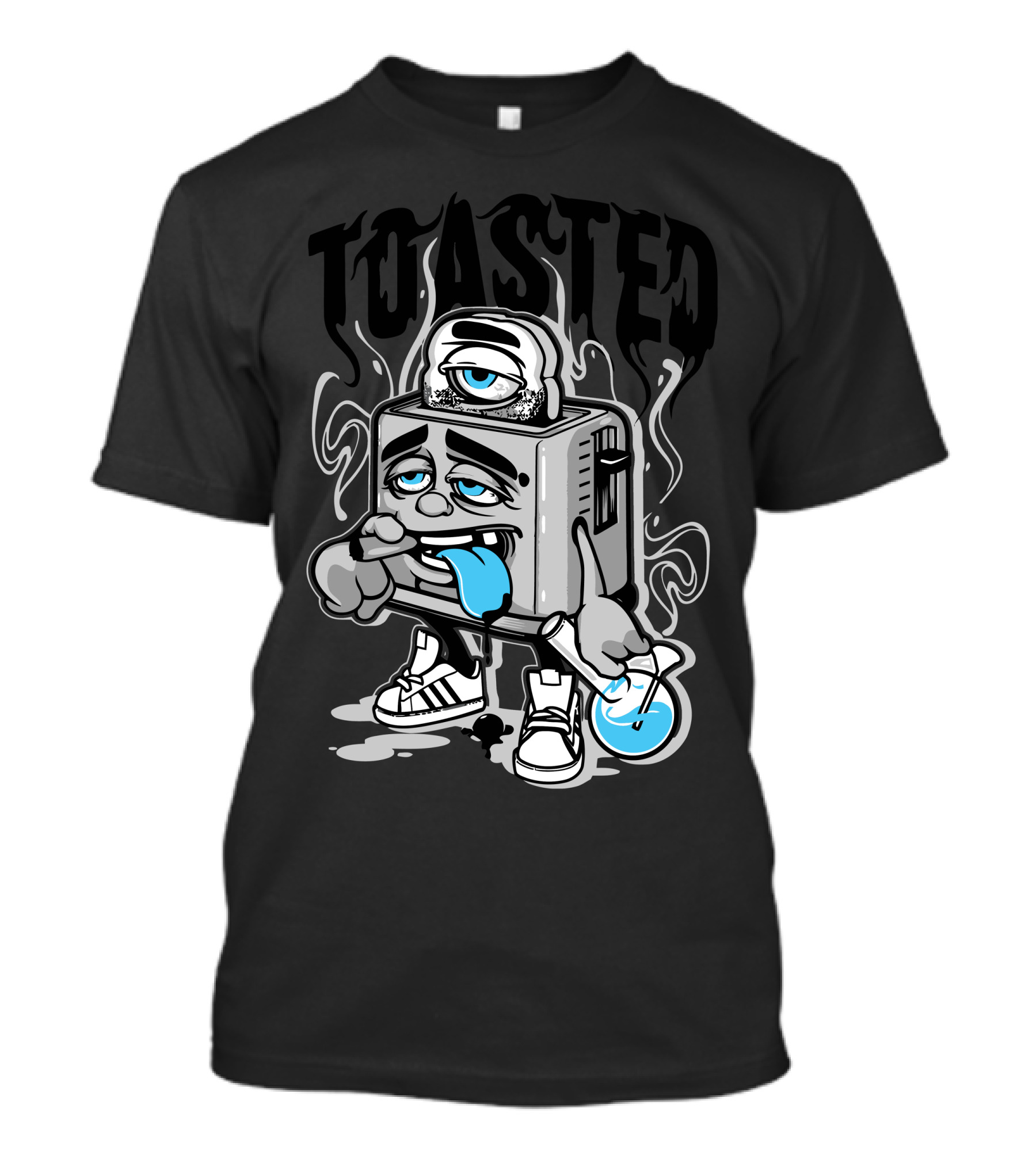 TOASTED Trippy Cartoon Toaster Character Munching On Shoe With Blue Tongue T-Shirt