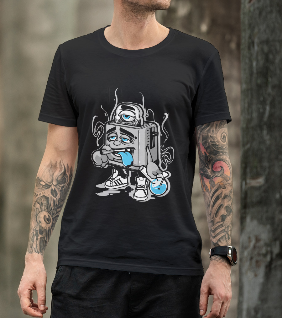 TOASTED Trippy Cartoon Toaster Character Munching On Shoe With Blue Tongue T-Shirt