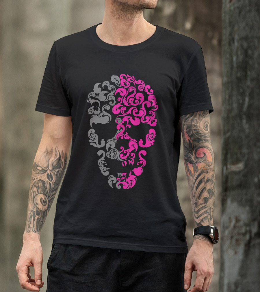 Two Coloured Floral Patterned Skull T-Shirt