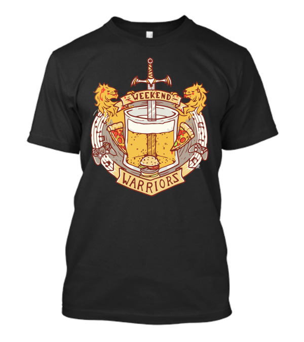 Weekend Warriors Sword Shield Pizza Beer Burgers Lions Gaming Crest T-Shirt