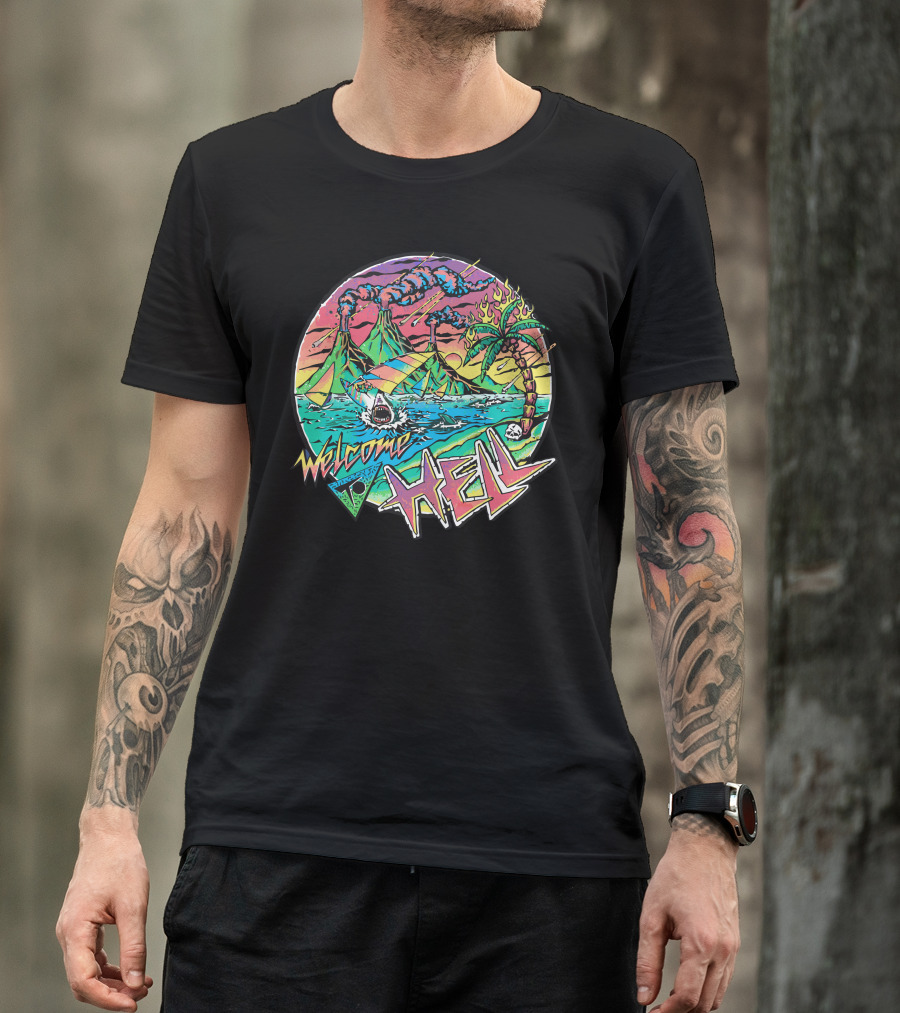 Welcome To Hell Neon Volcano Island Shark Attack Palm Tree Explosion T-Shirt