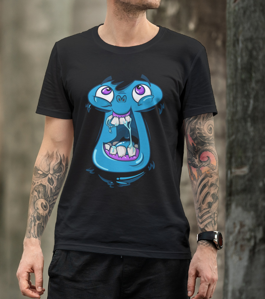 Wwaaa Blue Cartoon Creature With Large Mouth And Purple Eyes T-Shirt