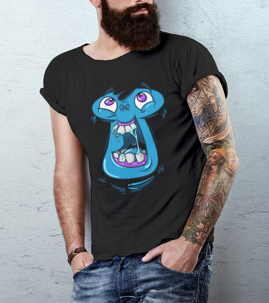 Wwaaa Blue Cartoon Creature With Large Mouth And Purple Eyes T-Shirt