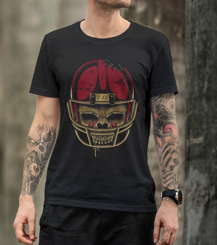 American Football Skull Helmet With Grunge Red Style And Gold Accents T-Shirt