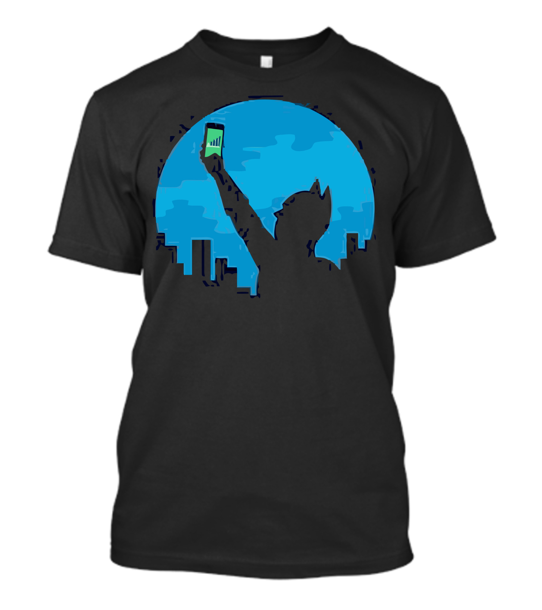Bat Signal Silhouette Holding Smartphone Against City Skyline T-Shirt