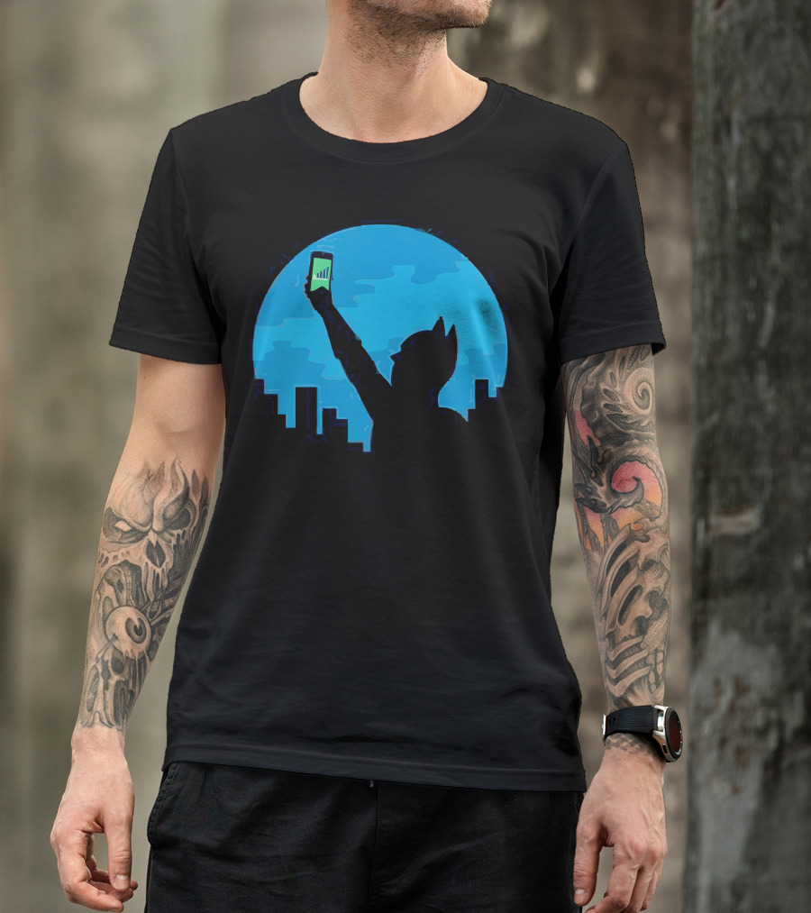 Bat Signal Silhouette Holding Smartphone Against City Skyline T-Shirt
