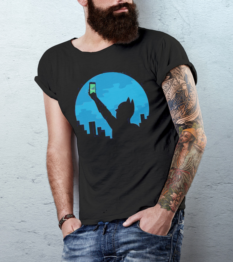 Bat Signal Silhouette Holding Smartphone Against City Skyline T-Shirt