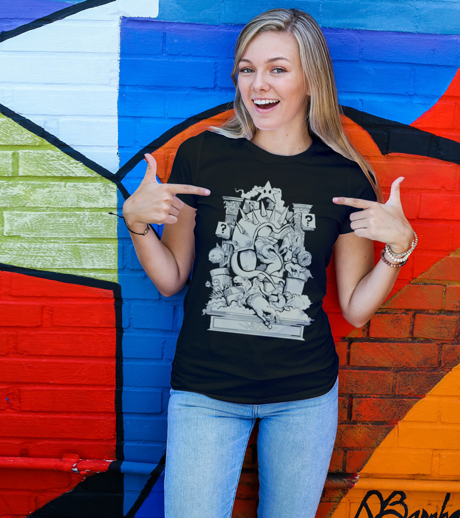 Bowser's Mushroom Kingdom Battle Scene With Question Blocks And Classic Characters T-Shirt