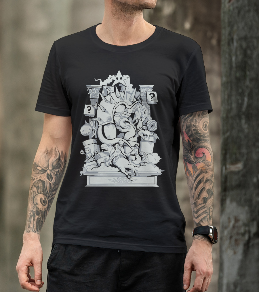 Bowser's Mushroom Kingdom Battle Scene With Question Blocks And Classic Characters T-Shirt
