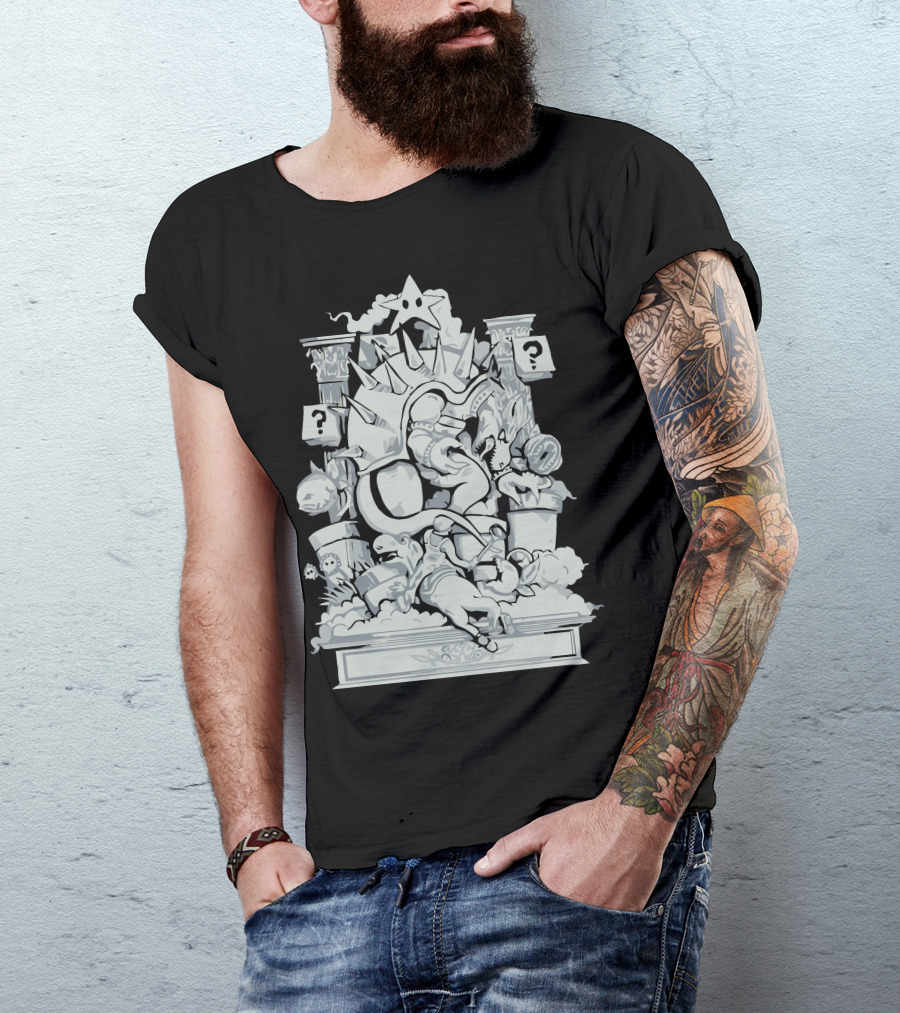 Bowser's Mushroom Kingdom Battle Scene With Question Blocks And Classic Characters T-Shirt