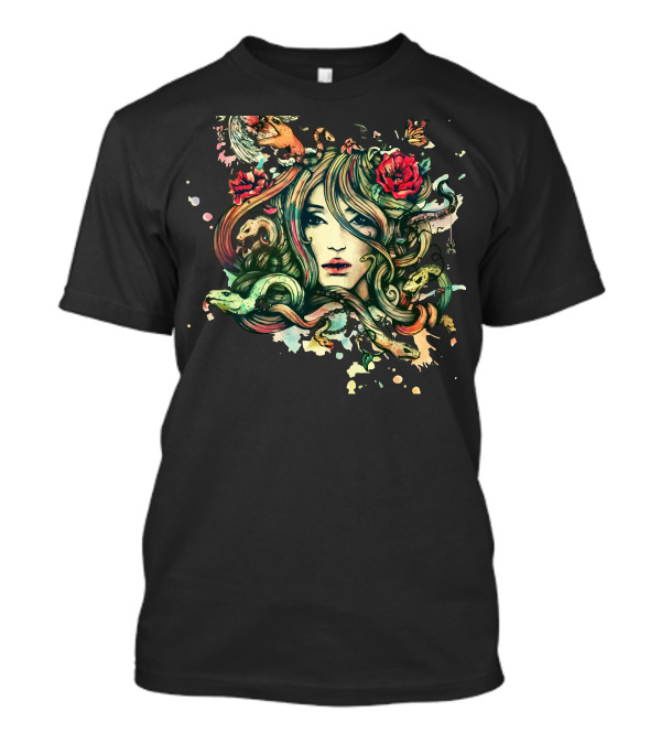 Beauty Before Death Enchanting Medusa With Snakes And Roses T-Shirt