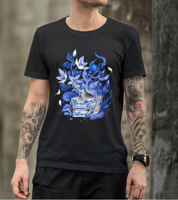 Beauty Immortal Skull With Blue Floral Elements T-Shirt