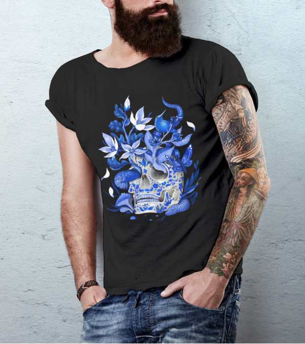 Beauty Immortal Skull With Blue Floral Elements T-Shirt