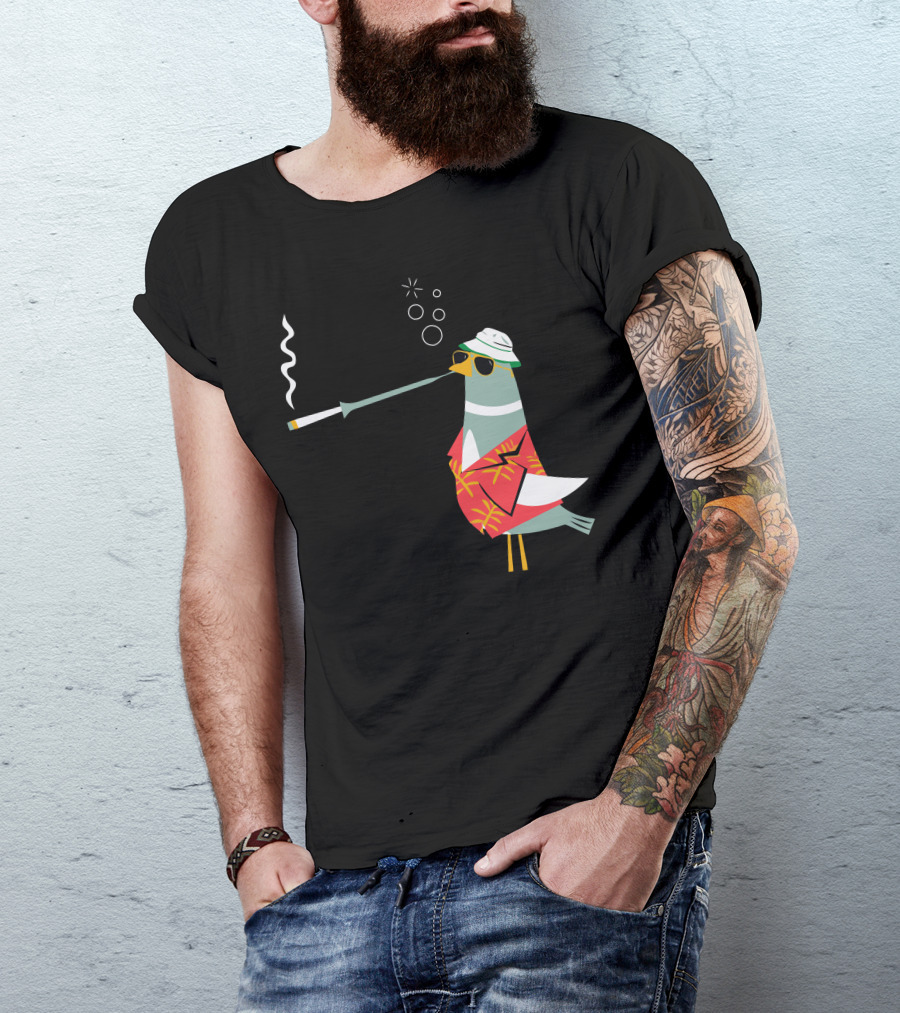 Bird And Loathing Pigeon In Hawaiian Shirt Smoking With Sunglasses T-Shirt