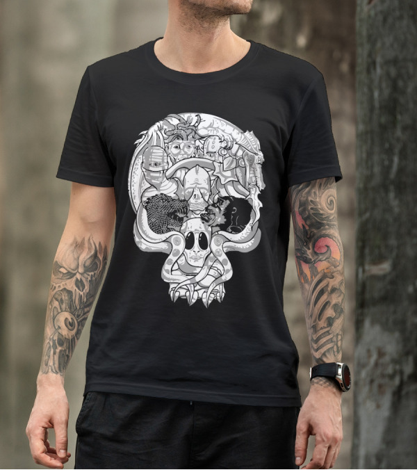 Boneheads Skull Collage Monsters Zombies Robots Octopus Horror T-Shirt