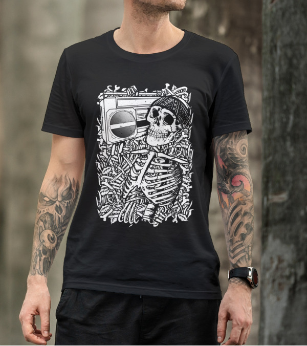 Boombox Skull Skeleton With Bone Headphones T-Shirt